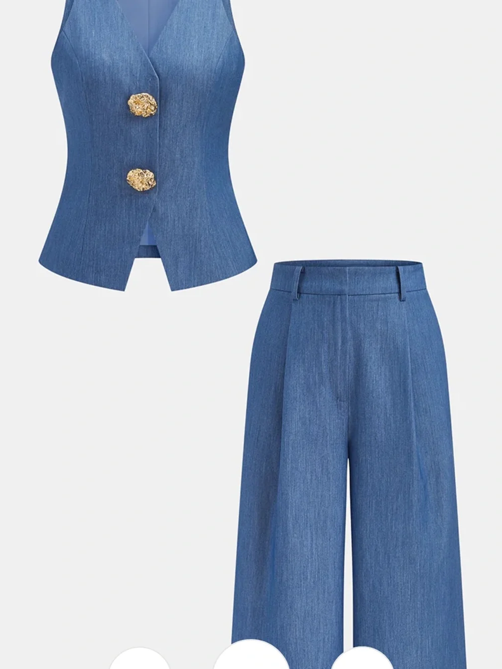 Commense Blue Vest and Wide-Leg pants with Decorative Buttons